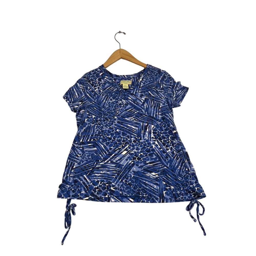 Caribbean Joe Petite Small Blue White Abstract Print V-Neck Side Tie Top